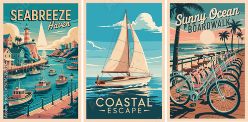 Set of summer posters in retro style featuring the ocean with a sailboat, a bicycle, and a lighthouse. Colorful vector art illustrations