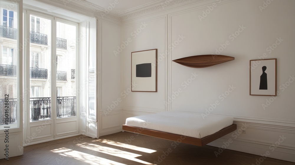 Naklejka premium Minimalist bedroom with floating bed, sunlight, and artwork