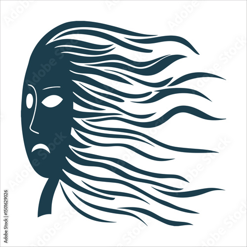 Abstract Face Silhouette with Flowing Hair Wind Whispers A mouthless face with hair flowing like turbulent air spirit messages