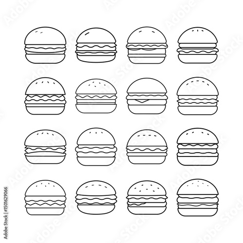 Burger Line Art Vector Set in Transparent PNG for Culinary Graphic Projects