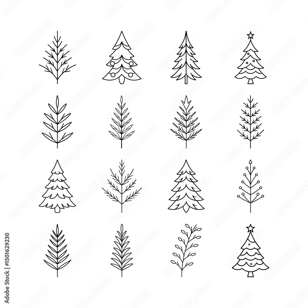 Obraz premium Transparent PNG Christmas Tree Line Art Bundle for Modern Holiday Projects