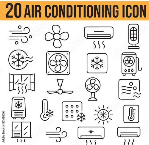 Set of 20 Air Conditioning Icons Set, AC, Fan, Room Cooler, Heat, Temperature