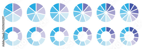 Pie chart set. Pie chart divided 6,7,8,9,10,11,12 equal parts. Circle section graph. Infographic wheel segment or section parts. Circle division infographic icon set. Vector illustration 