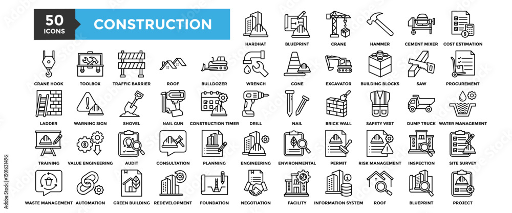 Obraz premium 50 Construction icon set. Containing design industry, construction, site, business, safety, architecture 