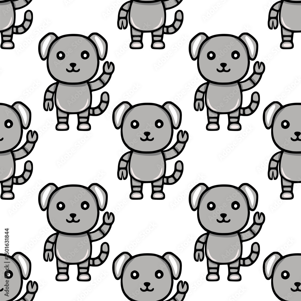 Fototapeta premium Seamless vector pattern of cute grey robotic dogs waving, featuring a playful and friendly design with black outlines, perfect for kids products or technology-themed projects.