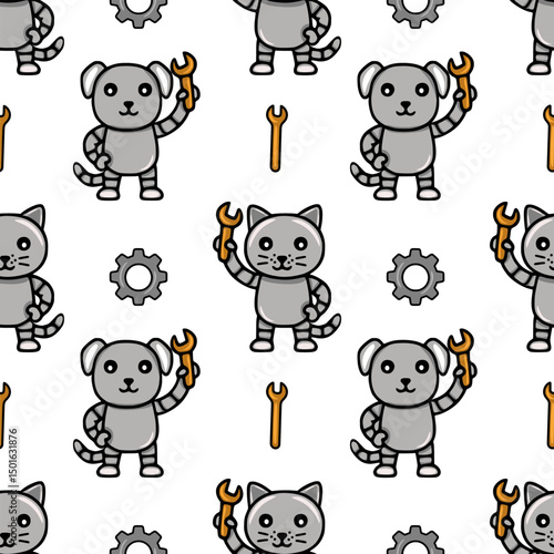 Seamless vector pattern featuring adorable robotic cats and dogs holding wrenches, accompanied by gears, creating a playful and charming mechanical design perfect for kids products or tech-themed...