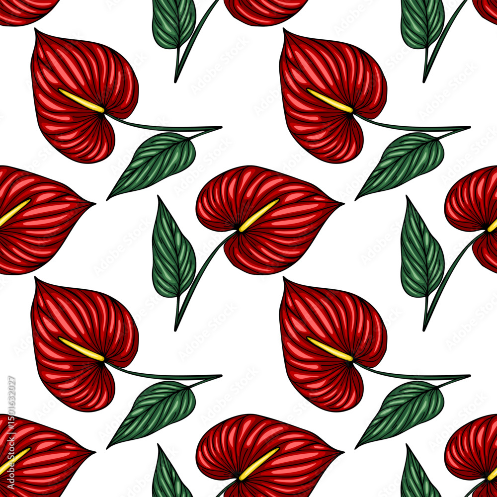 Obraz premium Seamless vector pattern of vibrant red Anthurium flowers and green leaves, a tropical botanical illustration perfect for textile design or summer-themed projects.