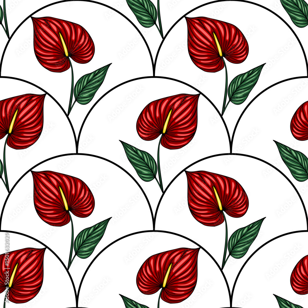 Fototapeta premium Seamless vector pattern with stylized red Anthurium flowers and green leaves arranged in a unique arc-shaped composition on a white background, creating a vibrant and elegant design.