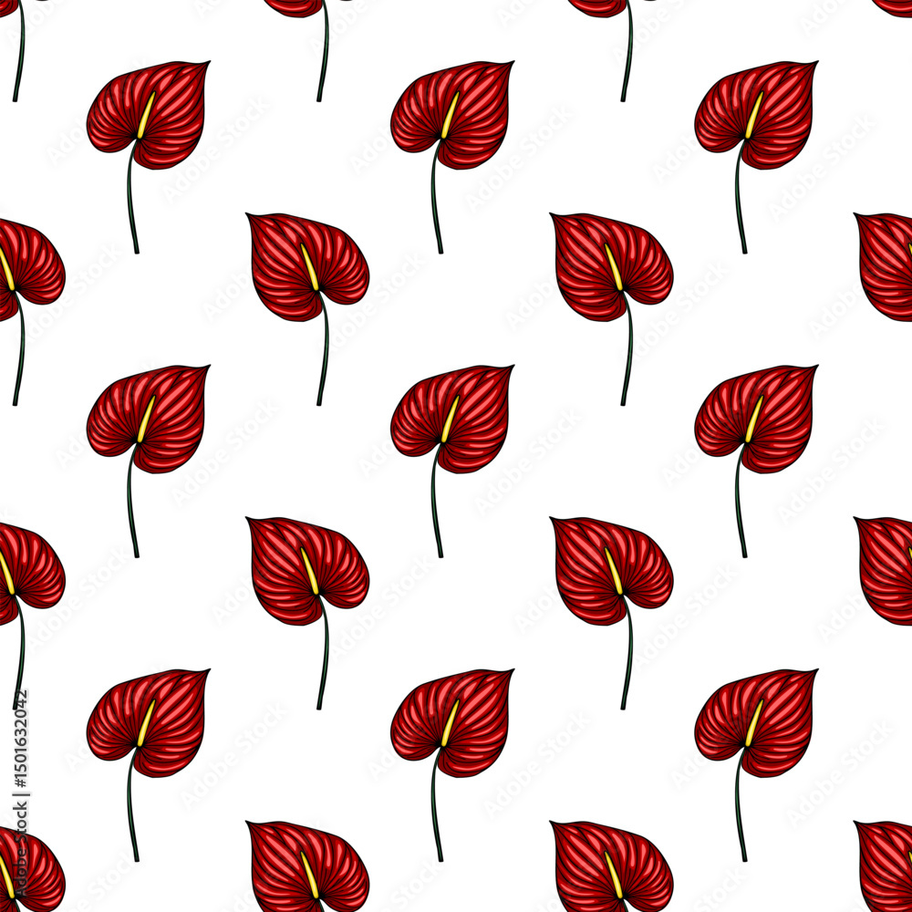 Obraz premium Seamless vector pattern of vibrant red Anthurium flowers, detailed botanical illustration with textured petals and a minimalist white background, ideal for textile prints and summer designs.