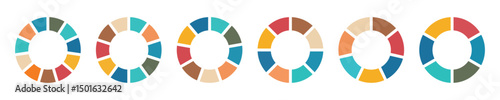 Pie chart color icons. Circle section graph. 1, 2, 3, 4, 5, 6 segment infographic. Wheel round diagram part symbol. Circle division infographic icon set. Segment slice sign. Pie chart set