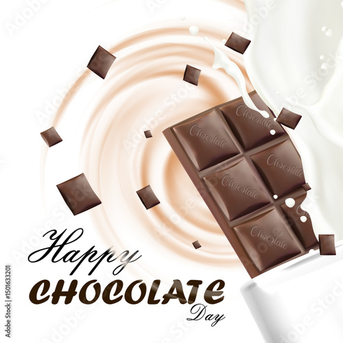 Delicious chocolate square bar dipped in milk splash for Chocolate Day celebration, great for social media banners, sweet dessert branding, or romantic food campaign
