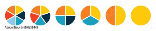 Pie chart set. Circle division infographic icon set. Circle section graph. Pie chart divided 1, 2, 3, 4, 5 equal parts. Infographic wheel segment or section parts. Vector illustration