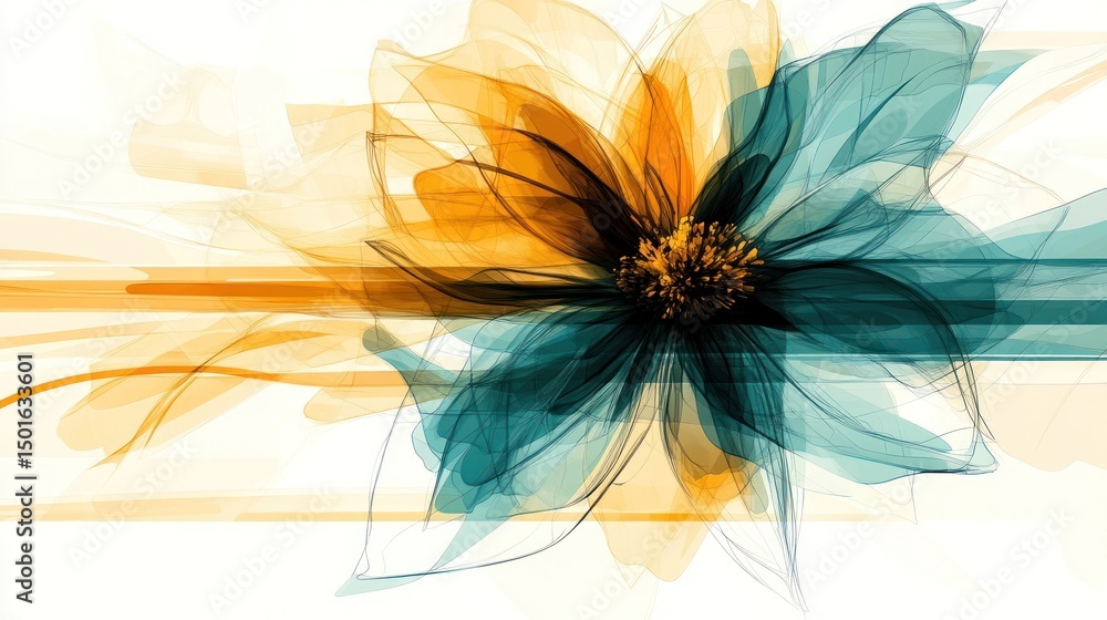 Fototapeta premium Abstract Teal and Orange Watercolor Floral Painting on White Background