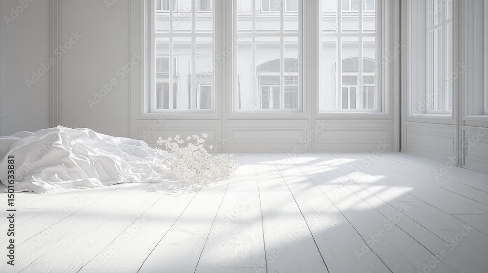 Fototapeta premium Sunlit white room with draped fabric and dried flowers on wooden floor