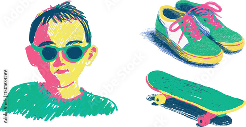 Skate vector illustration set. Kid, sneakers and skaterboard