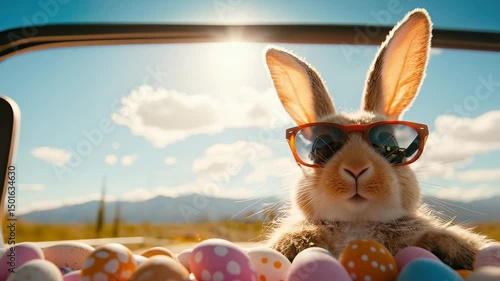A trendy rabbit wearing sunglasses surrounded by colorful Easter eggs in nature.