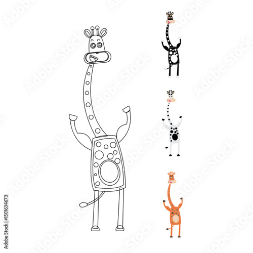 giraffe animal cartoon picture, showing its muscle strength, suitable for small children's milk promotion, line drawing, and color