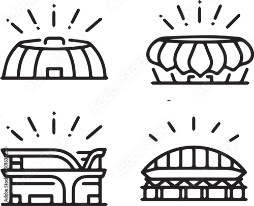 Stadium Icons: A set of four distinct stadium icons, each showcasing a unique architectural style. Perfect for sports-related designs, event planning, or architectural illustrations.