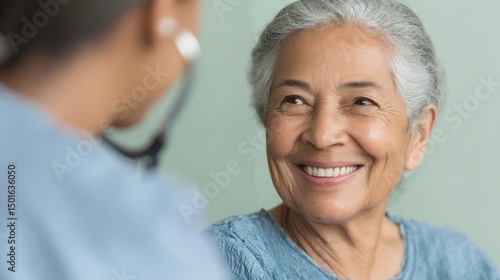 Wallpaper Mural Health check for grandmother by caring health worker indoor clinic smiling interaction warm environment close-up view Torontodigital.ca