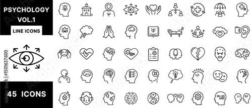 Psychology Line Icons Vol.1 – Therapy, Emotional States, Brain Function, Mental Wellness, Mindfulness, Cognitive Health, Psychiatric Support and Counseling Set