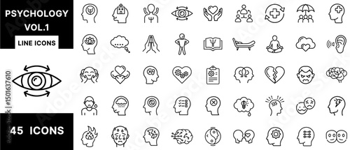 Psychology Line Icons Vol.1 – Therapy, Emotional States, Brain Function, Mental Wellness, Mindfulness, Cognitive Health, Psychiatric Support and Counseling Set