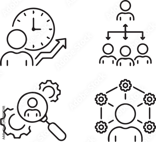 Business Management Icons: A set of four line icons illustrating key aspects of business management: time management, team leadership, talent acquisition, and collaborative teamwork.