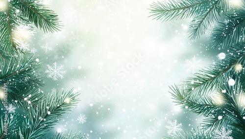 Festive winter background with pine branches and snowflakes
