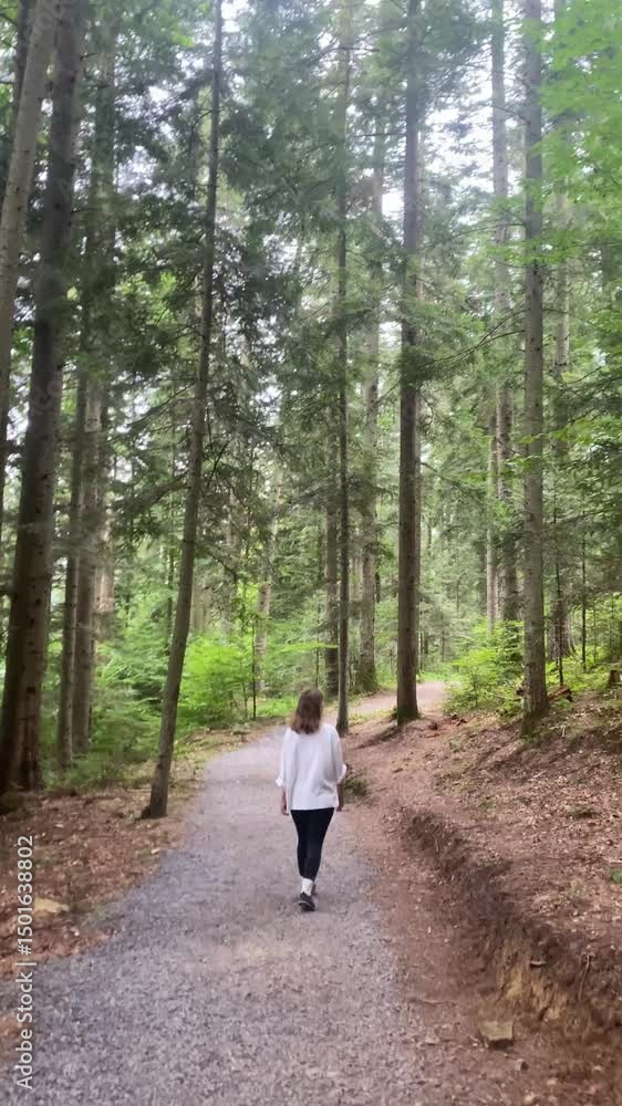 a young woman walks a path in the forest in a white shirt a young woman walks a path in the forest in a white shirt