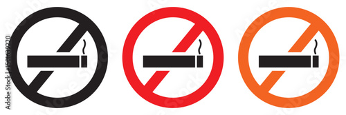 No smoking sing icon set. Concept of no smoking and World No Tobacco Day. No smoking zone, anti smoke day, tobacco free day. Banner with red circle stop tobacco sign and cigarette. 