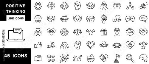 Positive Thinking Line Icons – Happiness, Wellness, Self-Love, Motivation, Support, Kindness, Emotional Growth, Teamwork, Mindfulness and Mental Positivity Set