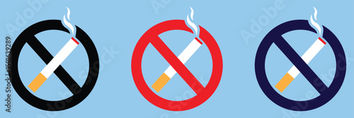 No smoking sing icon set. Concept of no smoking and World No Tobacco Day. No smoking zone, anti smoke day, tobacco free day. Banner with red circle stop tobacco sign and cigarette. 