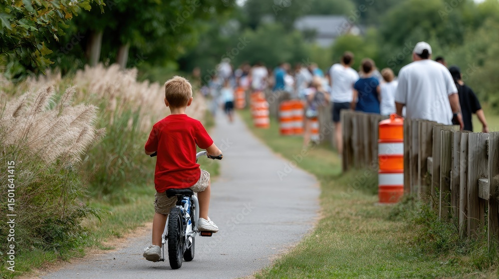 Obraz premium Boy in red shirt rides mountain bike through outdoor kids race track with traffic cones in sharp focus