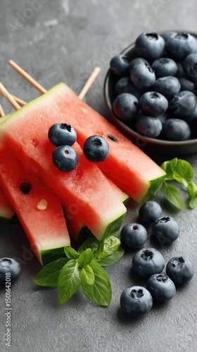 Vibrant watermelon and blueberry skewers arranged beautifully against a blue background for a refreshing summer snack