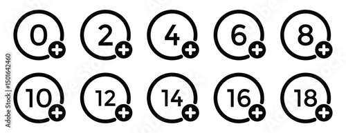 Age Restriction Icon Set – Vector Signs from 0+ to 21+ for Kids, Teens, and Adult Content Warning Labels.