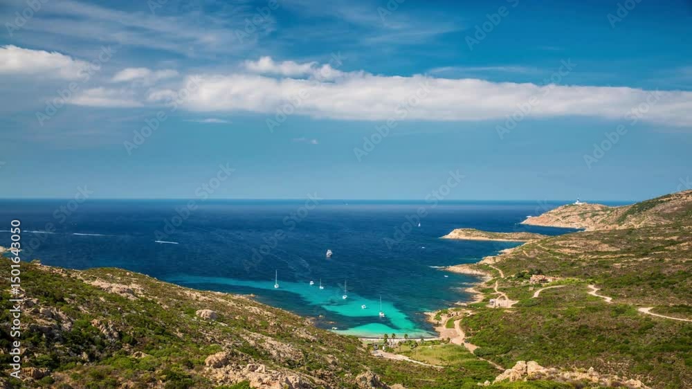 Panoramic View of Coastal Landscape with Boats at Sea Panoramic View of Coastal Landscape with Boats at Sea