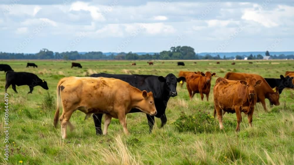 Group Of Cows Grazing In Green Pasture Group Of Cows Grazing In Green Pasture