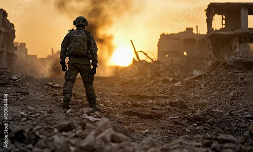 Wallpaper Mural Soldier walking through destroyed city at sunset Torontodigital.ca