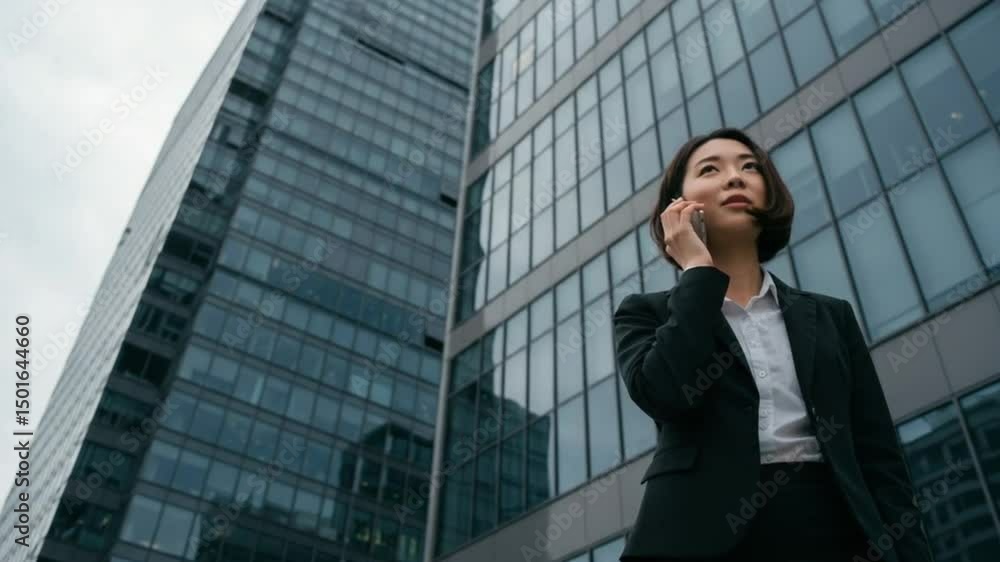 Confident Businesswoman on Mobile: An focused businesswoman in formal attire confidently holds a mobile phone up to her ear against a towering modern skyscraper backdrop. Confident Businesswoman on Mobile: An focused businesswoman in formal attire confidently holds a mobile phone up to her ear against a towering modern skyscraper backdrop.