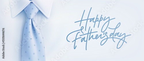 Happy father's day greeting card with realistic 3d blue necktie on light background. Father day horizontal banner, poster design template. Festive wallpaper. Vector illustration