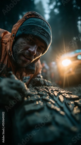 Wallpaper Mural Driver changing a punctured tire during a rally stage in a muddy roadside scene Torontodigital.ca