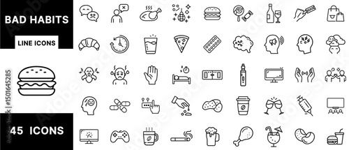 Bad Habits Line Icons – Unhealthy Lifestyle, Junk Food, Addiction, Procrastination, Emotional Stress, Poor Sleep, Overthinking, Screen Time, and Risk Behavior Set