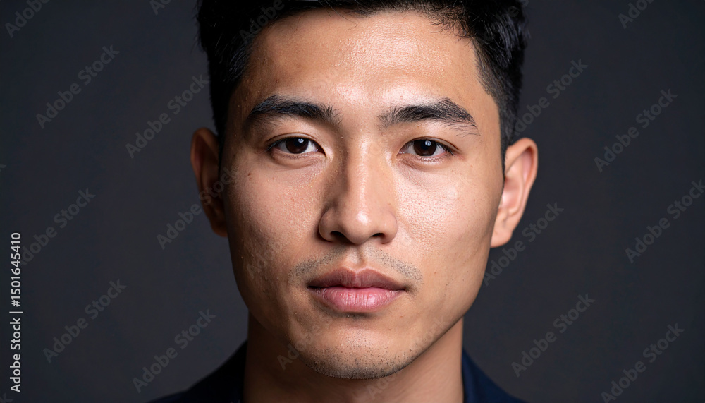 Obraz premium Portrait of handsome Asian man against dark backdrop. Beautiful skin. Young male.