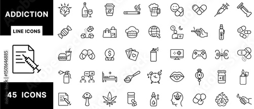 Addiction Line Icons – Substance Abuse, Alcoholism, Drug Use, Smoking, Sugar, Fast Food, Gaming, Gambling, Mental Effects, Recovery, and Behavioral Dependence Set