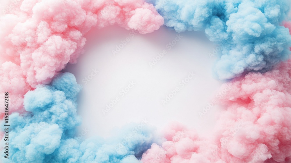 Fototapeta premium Fluffy cloud frame in soft pastel colors, dreamy sky-inspired theme, blue and pink clouds wrapping a white background, surreal whimsical mood