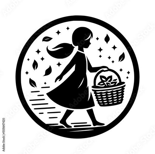 Girl with Wicker Basket of Green Tea Icon Logo Black and White Vector