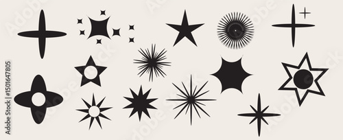 Retro futuristic sparkle icons collection. Set of star shapes. Abstract cool shine effect sign vector design.