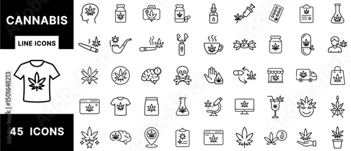 Cannabis Line Icons – Medical Marijuana, CBD Oil, Dispensary Products, Vaping, Smoking, Hemp Extracts, Cannabis Research, Legal Use, and Commercial Packaging Set