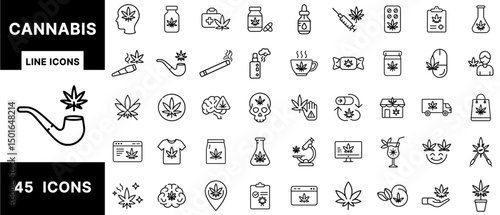 Cannabis Line Icons – Medical Marijuana, CBD Oil, Dispensary Products, Vaping, Smoking, Hemp Extracts, Cannabis Research, Legal Use, and Commercial Packaging Set