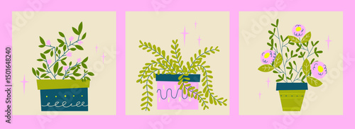 Vector illustration of indoor flower pots with decorative plants. Includes blooming flowers and leafy greens. Perfect for home gardening visuals and spring design