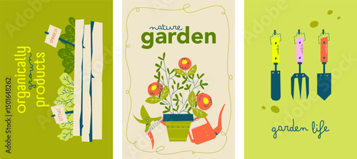 Set of three modern gardening posters with vegetables, tools, and plants. Includes hand lettering and flat vector elements for eco lifestyle themes